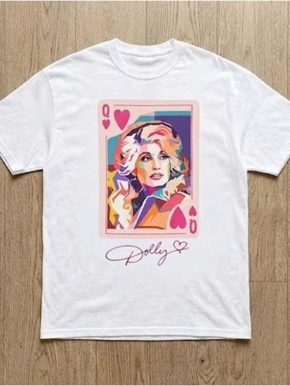 Dolly Parton White Tee with Colorful Pop-Art Queen of Hearts Print